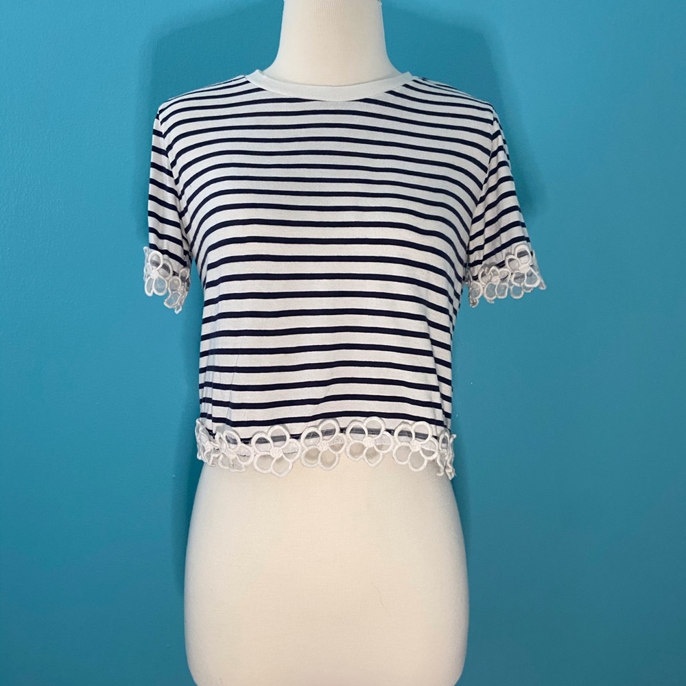 A striped short sleeve shirt.